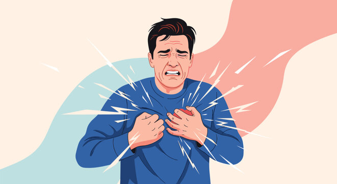 Man clutches his chest in agony and distress representing a sudden heart attack or severe chest pain in a medical emergency situation scene.
