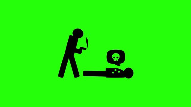 4K resolution video of a fatal murder crime scene with a shooter and a dead victim silhouette bouncing into view. Perfect forensics investigator web icon.