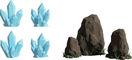 Low Poly Blue Crystal Clusters and Brown Stone Rock Boulders Vector Set for Fantasy Game Environment Background Design Elements © MdRaisul