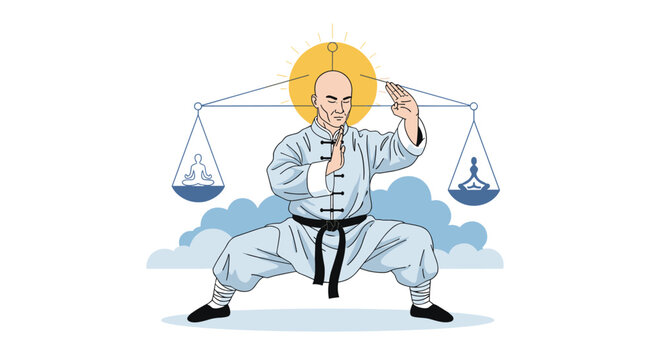 Disciplined martial artist performs a Tai Chi pose in front of a symbolic scale representing perfect mental and physical balance and harmony.