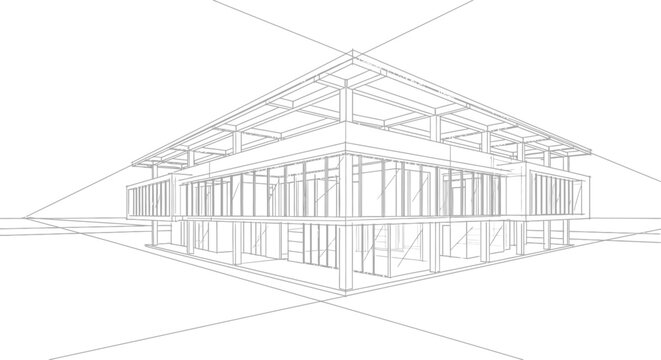 Modern Architectural Building Wireframe Perspective Line Drawing