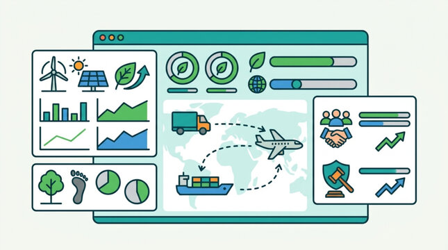 Sustainable business strategy infographic with renewable energy and logistics.