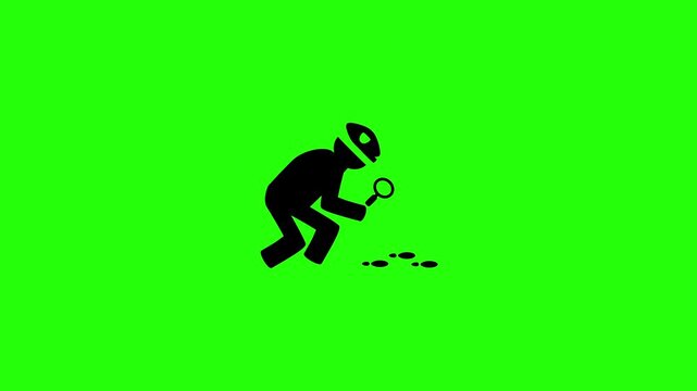 Clean 4K horizontal video showing a professional detective checking footprints with a magnifying glass silhouette bouncing. High quality forensics layout asset.