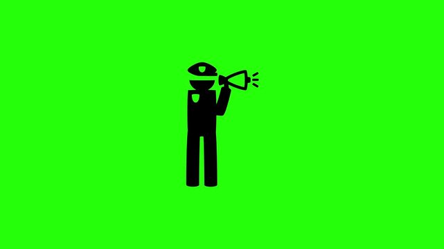 High definition 4K clip of a tactical police officer speaking through a loudspeaker megaphone silhouette bouncing cleanly. Tactical crisis negotiator icon.