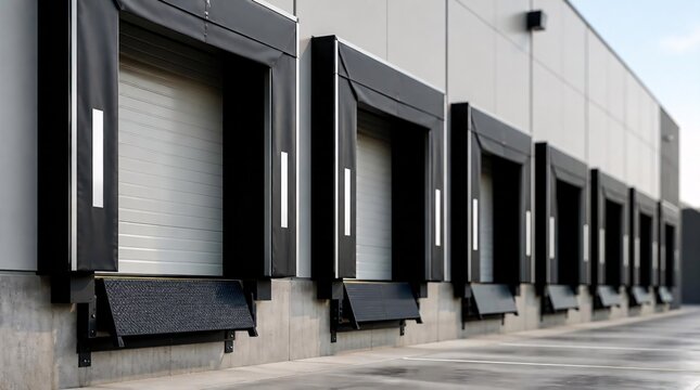 Modern warehouse loading docks with seals and levelers.