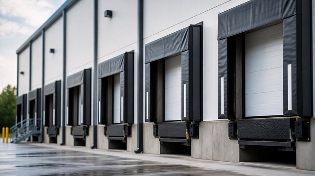 Modern warehouse loading docks with seals and levelers.