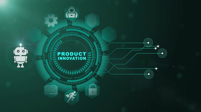 Product Innovation Technology Interface with Smart Development and Digital Business Systems on Dark Background 4k animation video