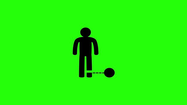 Professional 4K footage of a traditional prisoner convict standing with a heavy steel ball and chain shackle silhouette bouncing. Great popup forced labor graphic.