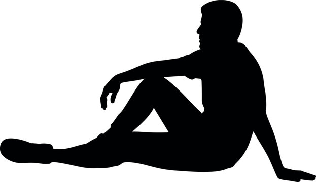Silhouette of a man sitting on the floor relaxing alone guy resting on the ground isolated on white background vector