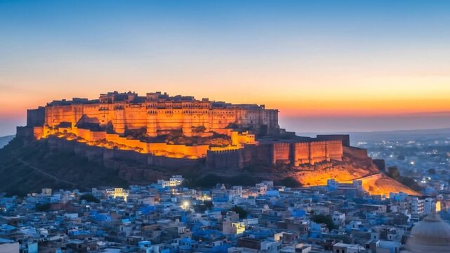 Rajasthans Fort illuminated at dusk with a historic landmark.