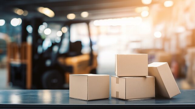 Delivery boxes ready for loading at warehouse loading dock with working forklift on background, modern logistics transportation concept, copy space available for text, industrial warehouse commercial 
