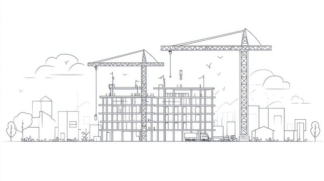 Building under construction with cranes in a linear cityscape vector illustration