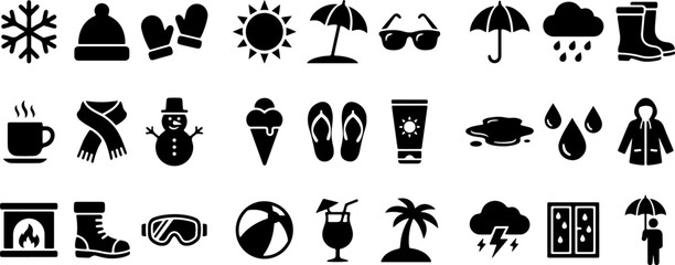 Obraz premium Large vector collection of seasonal weather and lifestyle icons featuring elements for winter snow, summer beach activities, and rainy days in a clean solid black silhouette design.