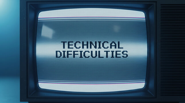 Television set showing vintage analog broadcast screen with technical difficulties text message displayed over grey scanline pattern against dark blue studio background media concept.