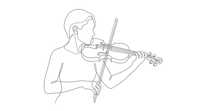 Elegant continuous line drawing depicting a talented woman playing a classical violin instrument with artistic grace and minimalist aesthetic style rendered in simple black ink strokes isolated on whi