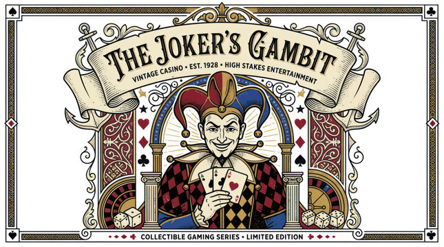 Joker's Gambit Vintage Casino Art with Playing Cards and Roulette Wheel