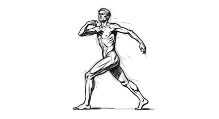 Obraz premium Detailed anatomical pencil sketch of a male figure in a dynamic walking pose