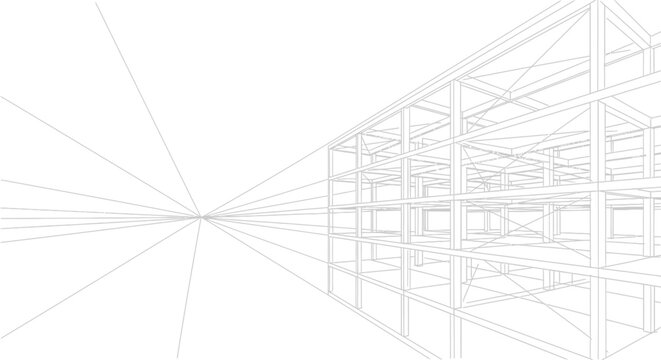 Minimalist line art depiction of a skeletal building structure in perspective