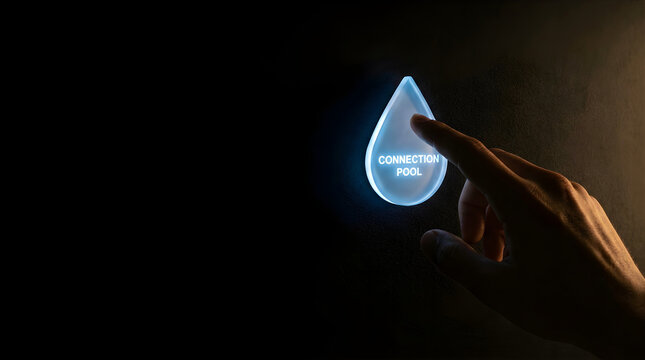 Human finger touching a glowing water drop silhouette representing connection pool concept