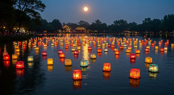 満月が夜空に明るく輝き無数の色鮮やかな提灯が静かな水面を幻想的に照らす美しい夜景. AI Generated