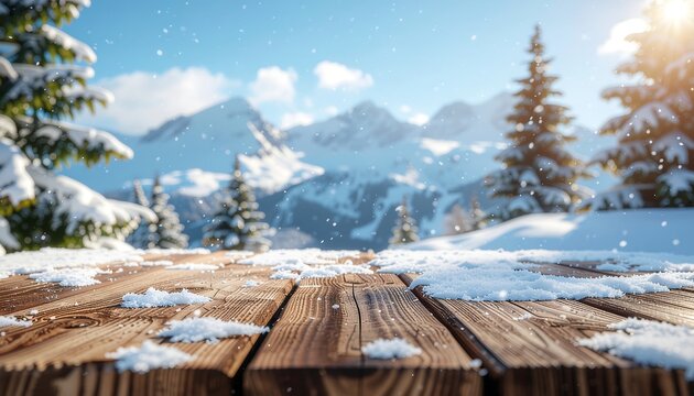 Empty rustic wooden table with snowy mountain landscape in winter.