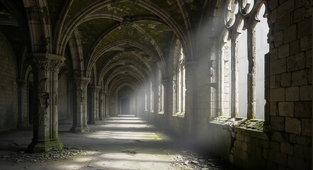 Obraz premium Mysterious abandoned gothic hallway with dramatic light and decaying architecture
