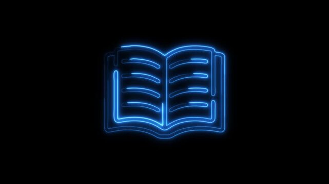 Open book neon glowing blue animation, education knowledge symbol, study reading icon video for learning background