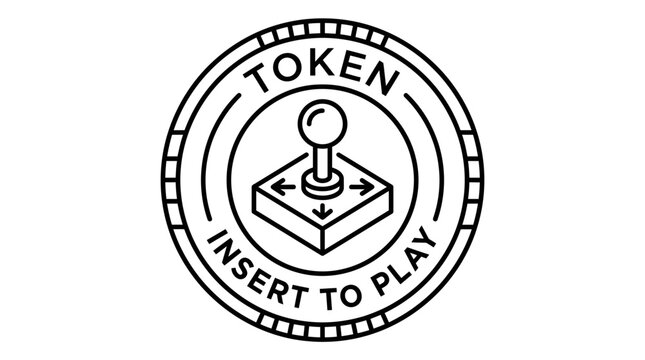 Retro arcade coin with joystick and text insert to play vintage game icon