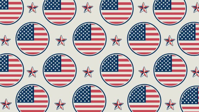 Independence Day Pattern Video &ndash; Looping 4K animation featuring a seamless patriotic pattern of American flag badges and decorative stars, ideal for holiday backgrounds, event screens, social media.