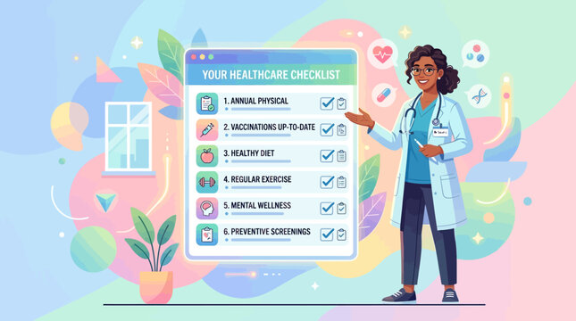 Black Doctor with Healthcare Checklist, Medical Illustration