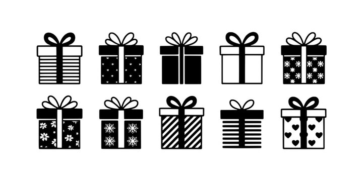 Gift Boxes Set of Nine Icons with Bow Ribbons and Snowflake Sparkles for Winter Holiday Design Featuring Presents, Present Box, Snowflakes With
