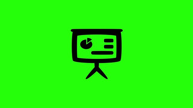 Professional 4K footage of a presentation tripod board displaying a pie chart analytics silhouette bouncing. Clean asset for corporate strategy web.