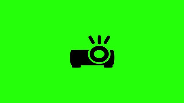4K horizontal layout featuring a multimedia video projector device shining light silhouette bouncing. Tactical popup movie cinema presentation web icon.