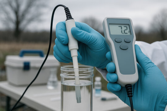 Water quality testing with pH probe and digital meter measuring sample outdoors by scientist wearing protective blue glove for environmental monitoring analysis