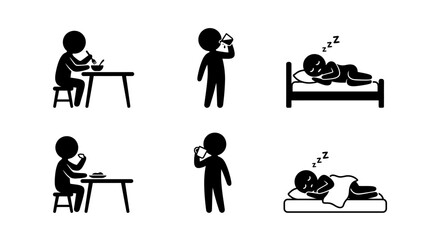 Fototapeta premium Stick figure daily routine icons set eating drinking sleeping