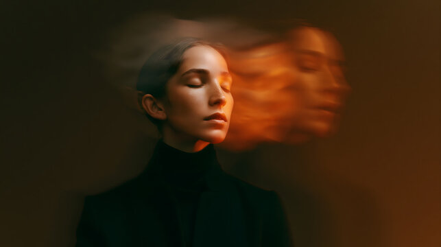 Inner Turmoil and Self-Reflection: A serene woman with eyes closed experiences a profound moment of introspection, her consciousness seemingly fragmenting and dissipating like smoke.