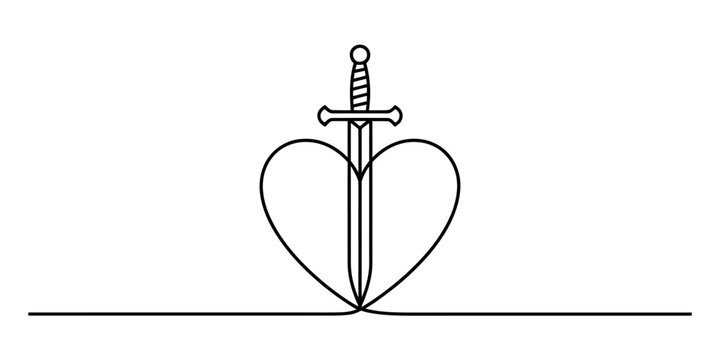 Continuous single line drawing of a sharp sword piercing through a heart shape symbol representing love and war conflict or broken relationships Vector, illustration