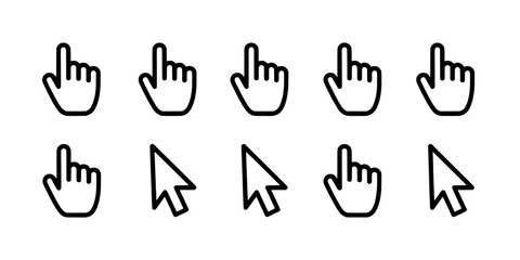 Fototapeta premium Hands and Cursors Icon Set, Simple Outline Graphics for Ui Navigation, Clicking, Selecting and Pointing on Web Screens