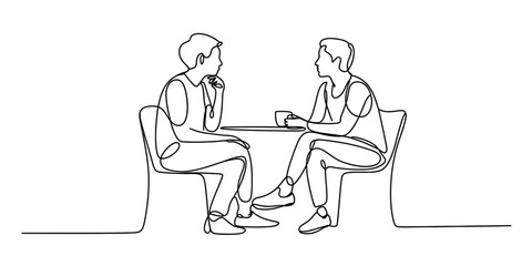 Continuous single line drawing of two friends talking and drinking coffee at a table in a cafe Vector, illustration © RK Drawing Gallery