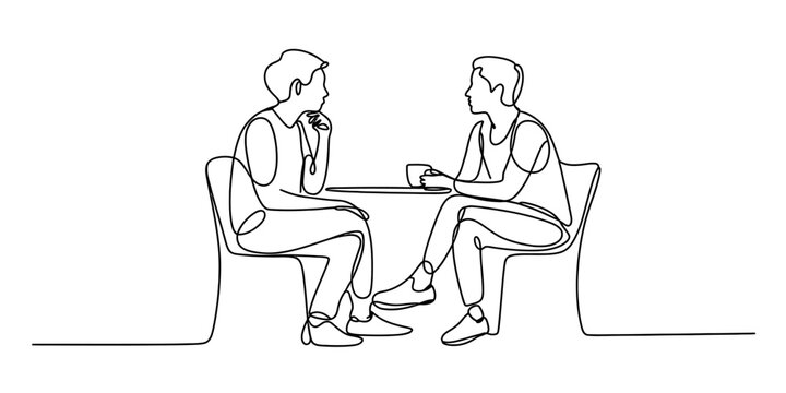 Continuous single line drawing of two friends talking and drinking coffee at a table in a cafe Vector, illustration