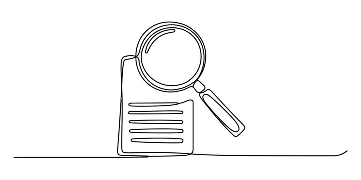 Continuous single line drawing of a magnifying glass over a document page representing research search and investigation concept in a simple style Vector, illustration