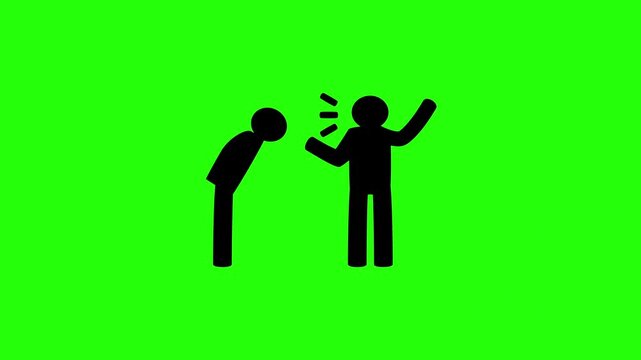 Beautiful 4K motion asset containing a strict manager shouting at a stressed bowing staff employee silhouette bouncing cleanly. Clean workplace conflict graphic.