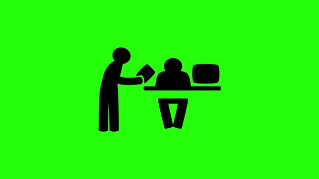 Dynamic 4K resolution asset showing two business partners handing over files and collaborating silhouette bouncing. Playful popup administration icon element.