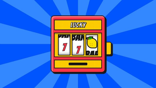 Cartoon Slot Machine Winning Jackpot Animation with 777 and Cherry Symbols on Blue Retro Sunburst Background