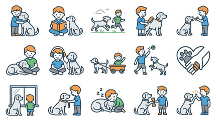 Fototapeta premium Illustrations of Children Interacting with Dogs in Various Activities