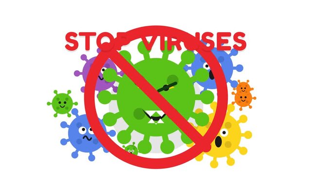 Colorful cartoon virus characters with stop text and prohibition sign for healthcare and pandemic prevention awareness