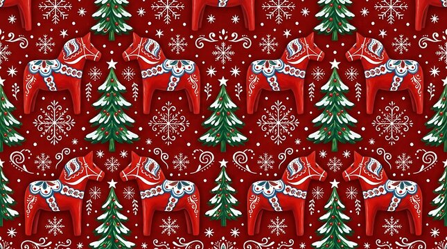 Red christmas pattern with dala horses and snowy evergreen trees