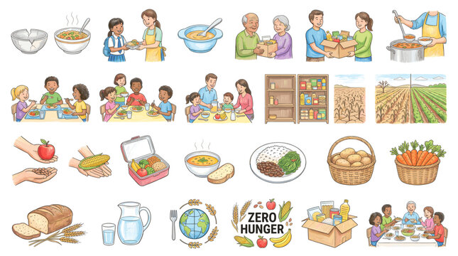 Colorful zero hunger vector illustration set with food donation, community meals, farming, groceries, volunteers, and charity support elements
