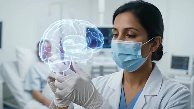 Female doctor examining holographic human brain model in hospital
