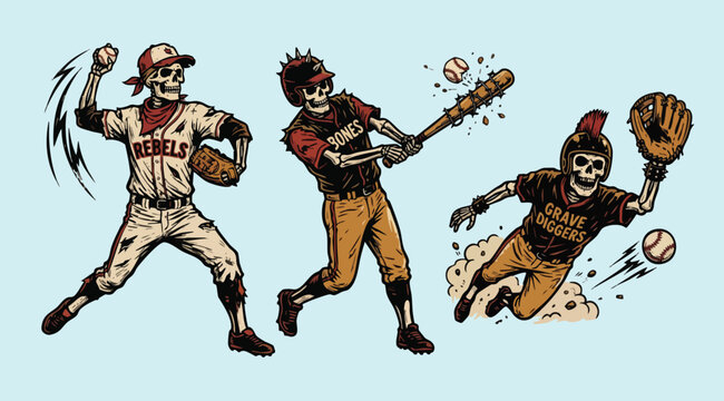 Skeleton baseball players in action with vintage sports uniforms